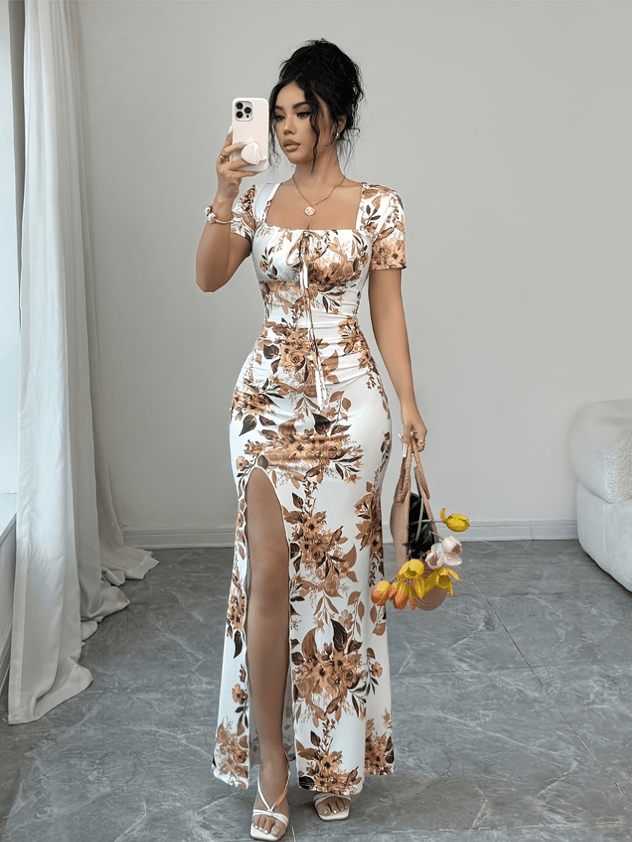 Women'S Summer Short Sleeve Dress, Digital Print Vacation Dress, Beach Vacation Dress, Slit Hem, Ruched Waist Long Dress - Beige