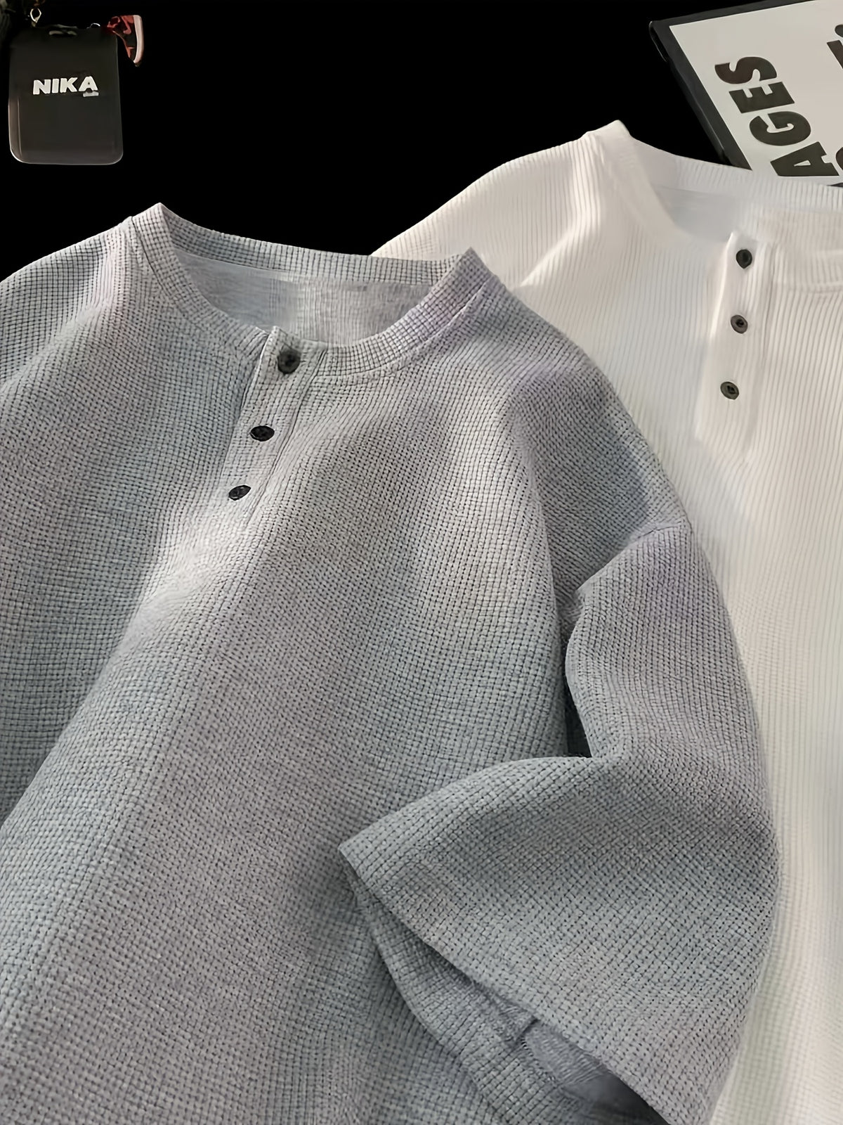 2-pc Men'S Waffle-Knit Henley T-Shirts, 3-Button Crew Neck, Loose Fit Clean Fit Streetwear Summer Short Sleeve Tops - White+gray