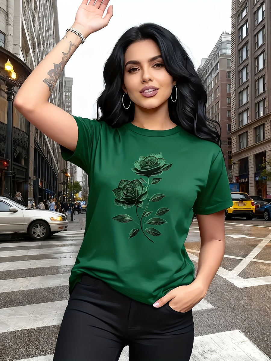 Elegant Women'S T-Shirt | Unique Rose Pattern - Casual Crew Neck Top | Breathable, Lightweight, Perfect for Spring And Summer Wardrobe - Green