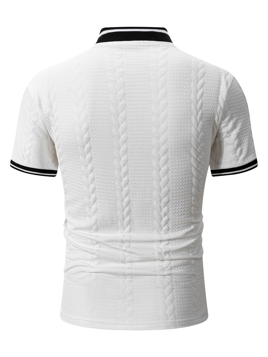 5pcs Men'S 3D Textured Half-Zip Polo Shirt, Black And White Contrast Striped Collar Breathable Casual T-Shirt, Trendy Textured Polo with Contrast Trimmed Collar And Cuffs, Full-Zip Front Design, Hiking Outdoor Sports Camping Daily Casual Wear - Book White + Book White + Black + Light Gray + Khaki