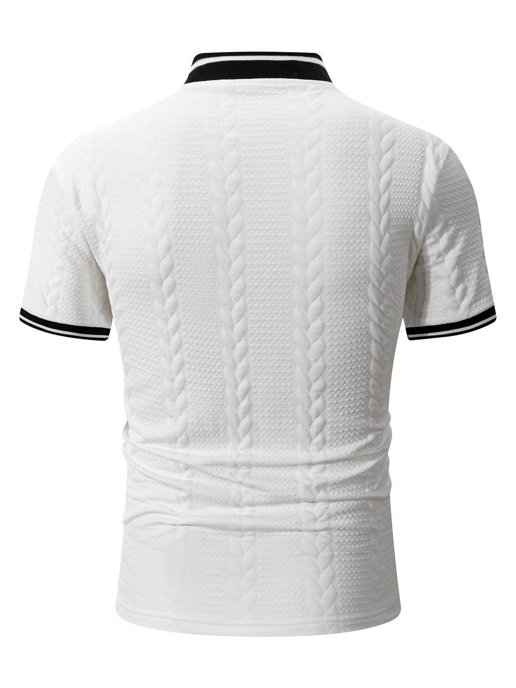 5pcs Men'S 3D Textured Half-Zip Polo Shirt, Black And White Contrast Striped Collar Breathable Casual T-Shirt, Trendy Textured Polo with Contrast Trimmed Collar And Cuffs, Full-Zip Front Design, Hiking Outdoor Sports Camping Daily Casual Wear - Book White + Book White + Black + Light Gray + Khaki