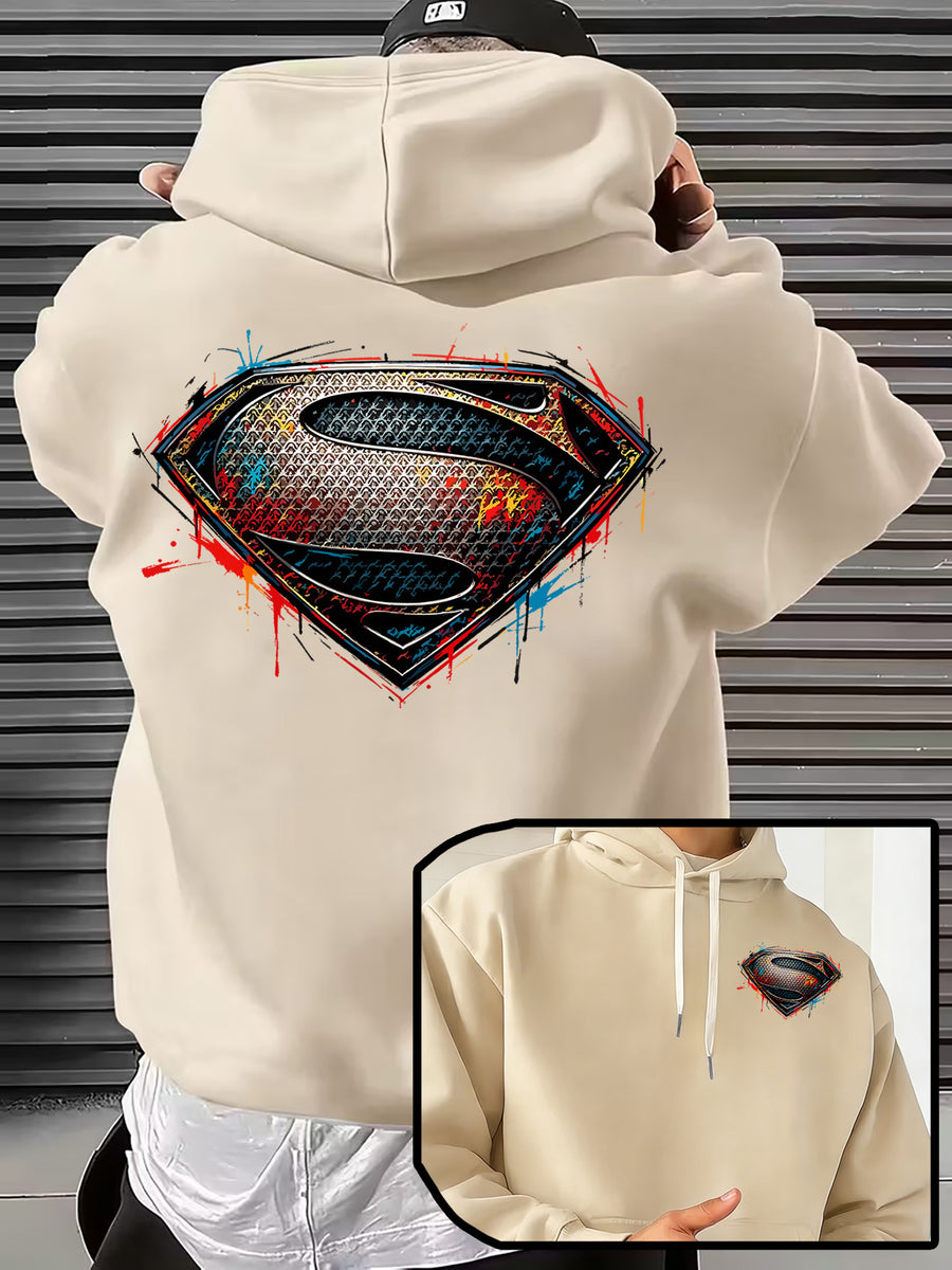 WB Men's & Unisex Superman S Logo Hoodie Sweater - Official Licensed Plush Hooded with Iconic Superman Print, Adjustable Drawstring Hood, Loose Fit for Winter Warmth, Machine Washable Casual Apparel Suitable for Autumn - Apricot