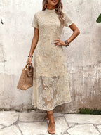 Summer New Arrival Stand Collar Waist Elegant Long Dress, Light Mature Style Mesh Embroidered Dress for Women - Apricot