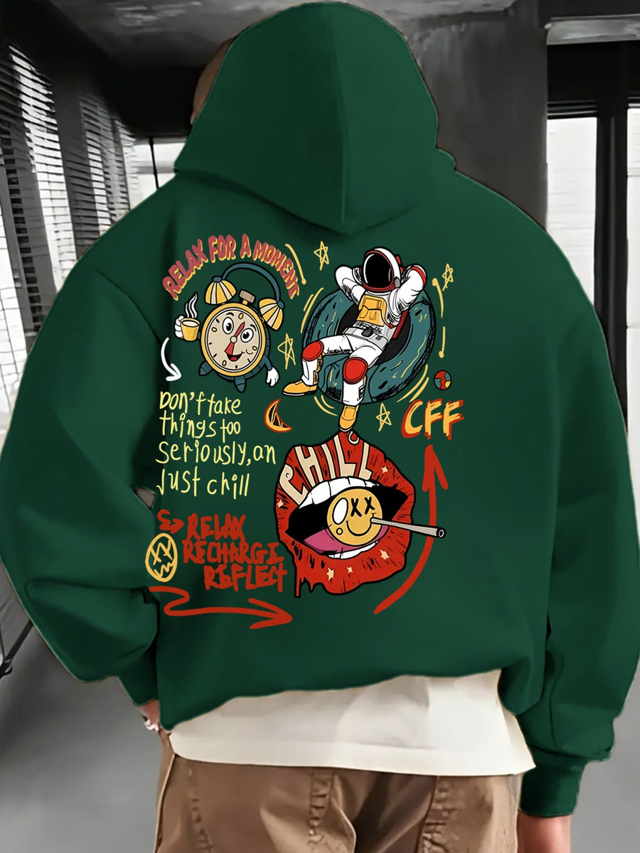 Men'S Fashion Hoodie, Loose Fit Casual Top, Print with "Astronaut" Lettering Print Pattern, Long-Sleeved Sweatshirt with Kangaroo Pocket, Casual Polyester Knit Fabric, Machine Washable Suitable for Outdoor Leisure Wear - Dark Green