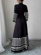 Fashionable Elegant Faux Two-Piece Fall/Winter New Floral Print Long Sleeve Maxi Dress - Dark Blue