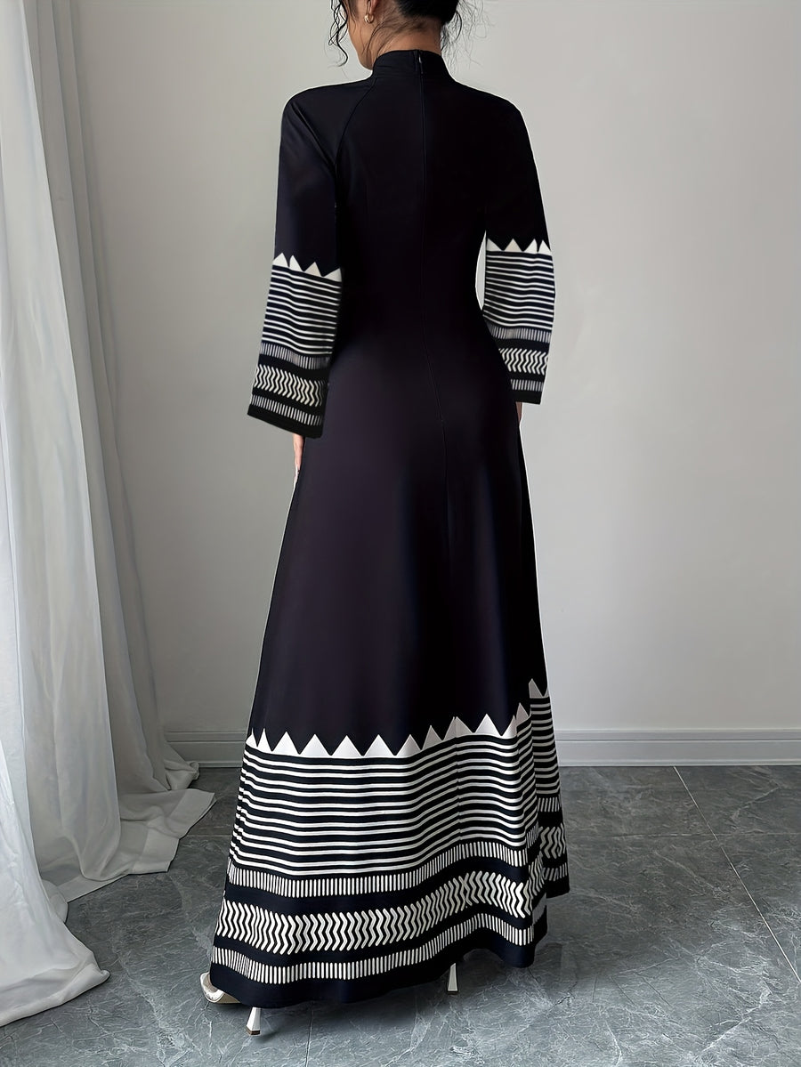 Fashionable Elegant Faux Two-Piece Fall/Winter New Floral Print Long Sleeve Maxi Dress - Dark Blue