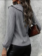 Women's Elegant Black and White Plaid Layered Ruffle Collar Shirt, Designed for Casual and Commuter Wear, with a V-neck and Long Loose Sleeves - Black
