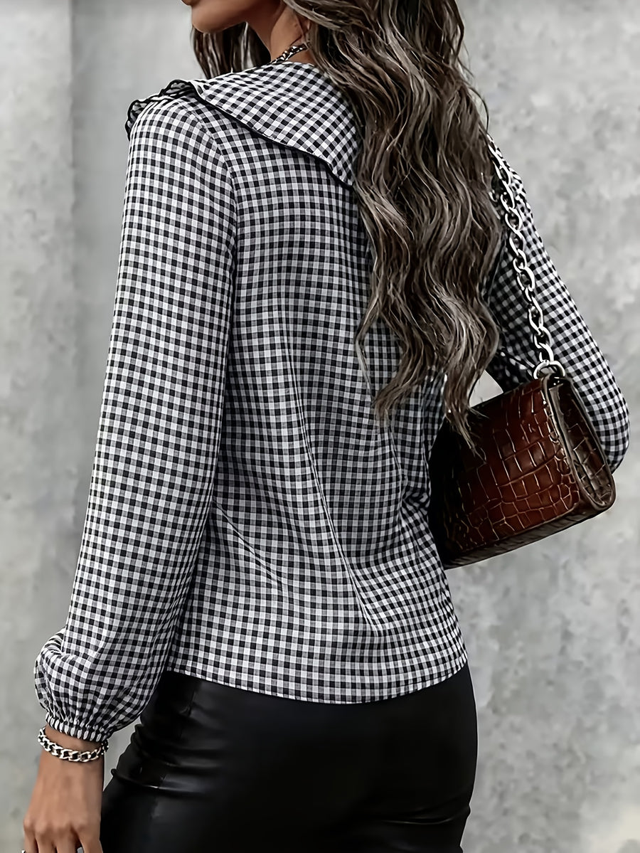 Women's Elegant Black and White Plaid Layered Ruffle Collar Shirt, Designed for Casual and Commuter Wear, with a V-neck and Long Loose Sleeves - Black