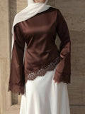 Women'S Elegant Commute Satin Blouse, Lace Panel Round Neck Long Sleeve Tie Waist Top, Solid Fabric Lace Panel Asymmetrical/Asymmetrical Design, Suitable for Elegant Office Daily Dates - Coffee Color