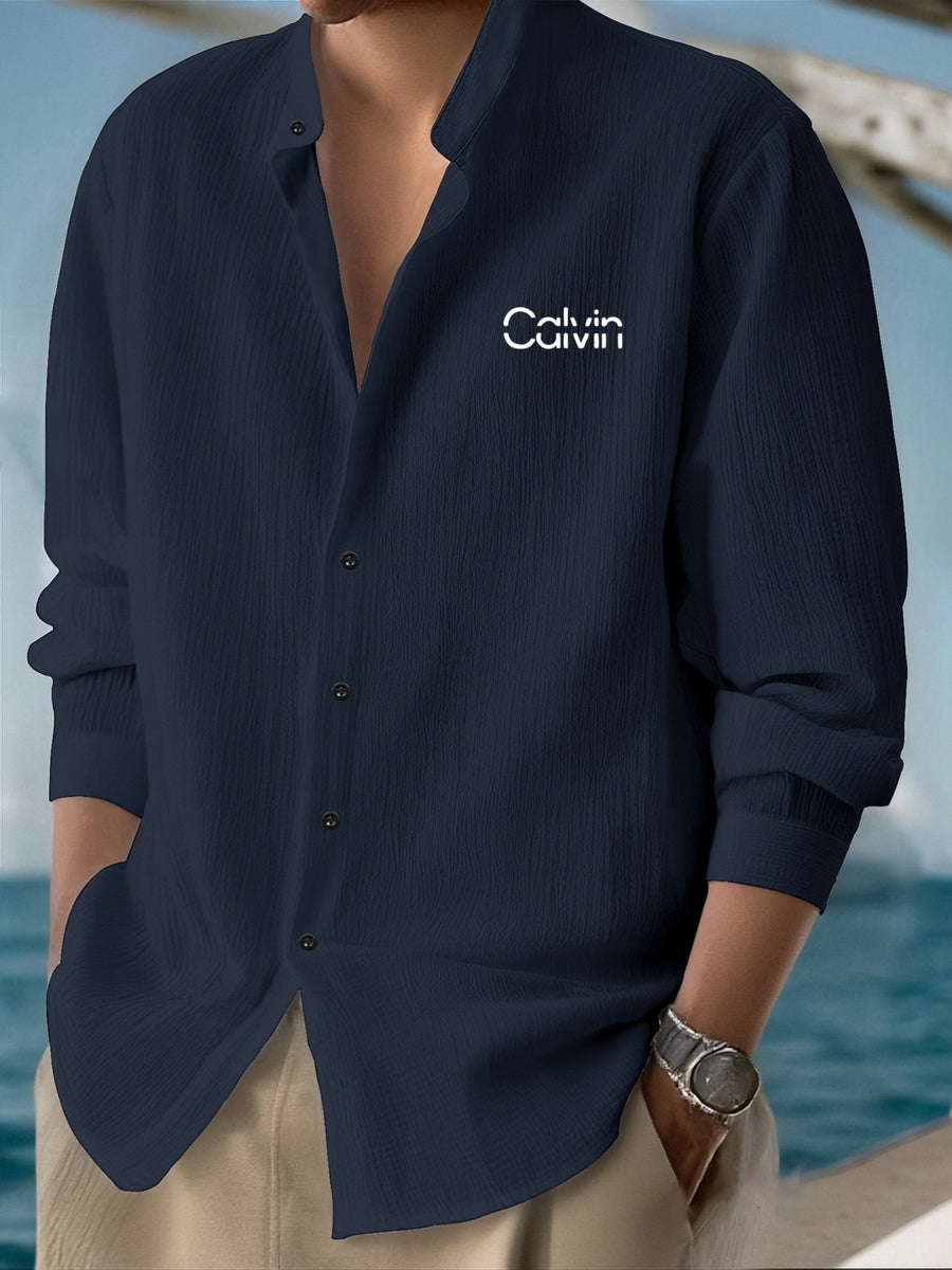 Men'S Classic Solid Color Casual Long Sleeve Button-Up Shirt - Stand Collar Design, Machine Washable, Calvin Print, & Blend - Navy Color