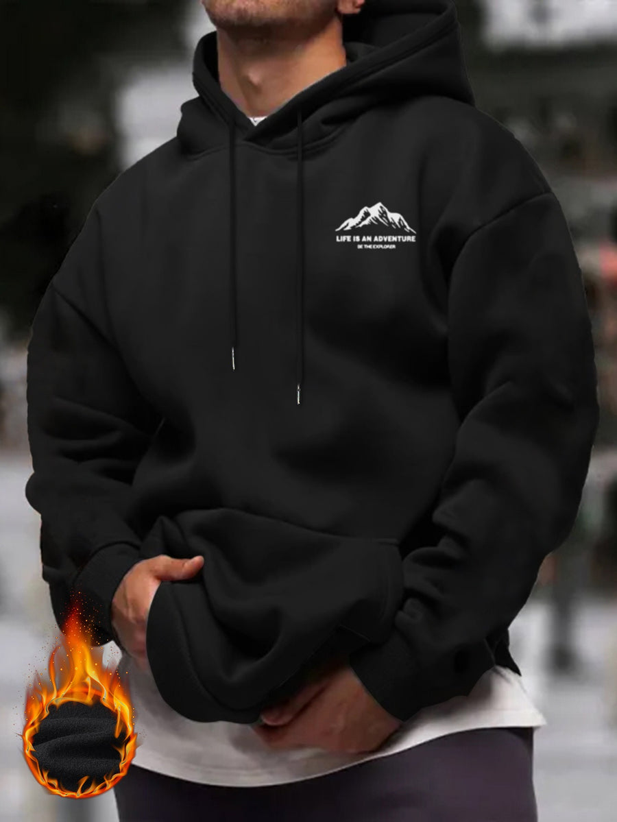 Men's Casual Hooded Sweatshirt - Outdoor Mountain Style Loose Fit Hooded Sweatshirt with Pocket, Featuring a Explorer Mountain Pattern and English Letter Print, a Versatile Pullover for Cold Weather Protection and Warmth, Suitable for Outdoor - Black