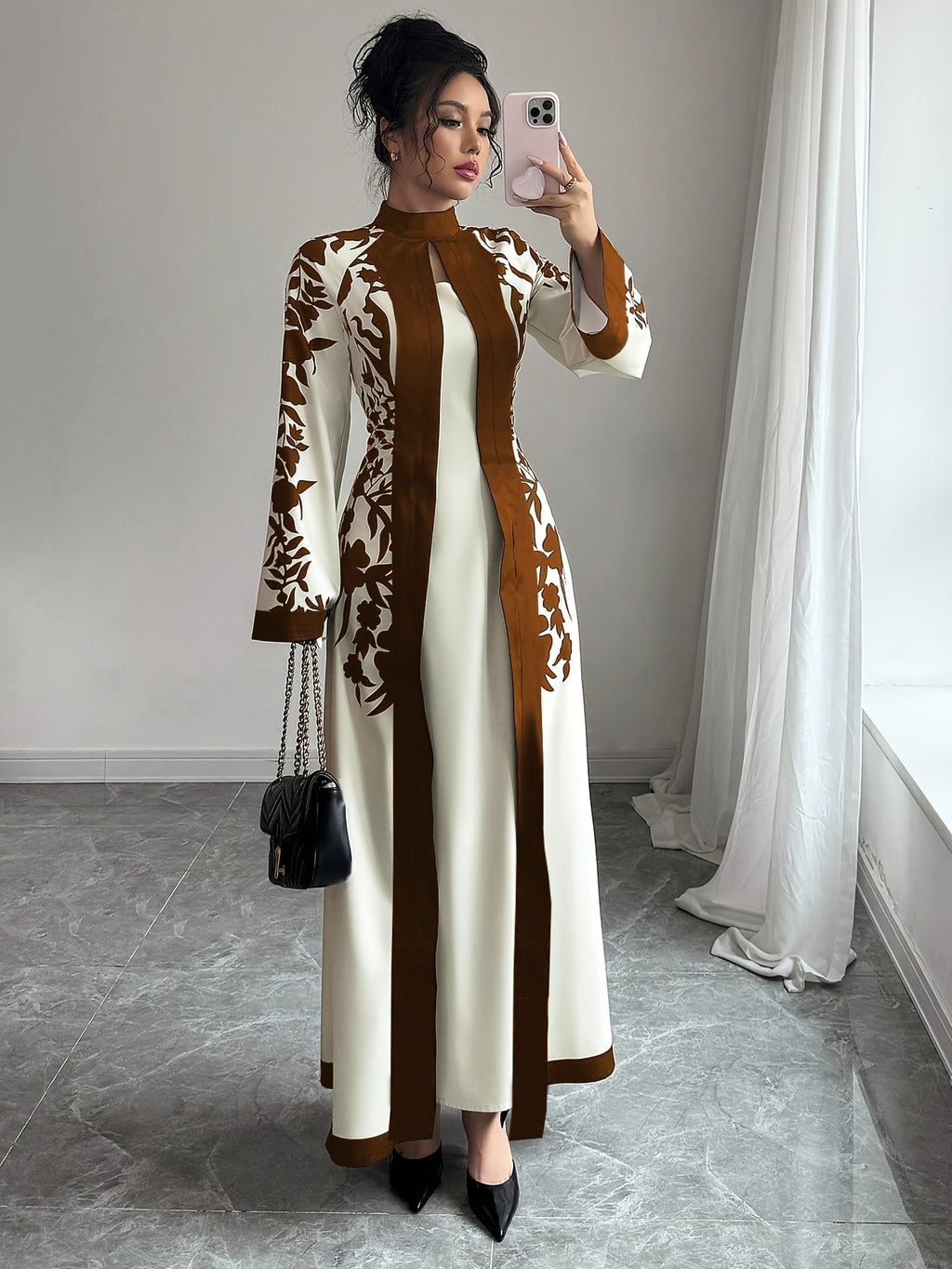 Fashionable Elegant Faux Two-Piece Fall/Winter New Floral Print Long Sleeve Maxi Dress - Light Brown-1