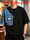 Print Design Not Textured/Embroidered/Sequins Not JEAN This Is The Print Men'S Holiday Gift Men'S Faux Denim Patchwork Fake Two-Piece Print Short Sleeve T-Shirt Functional Style Round Neck Top Casual Outing/Street Fashion Wear/Birthday Gift Individu - Mixed colors