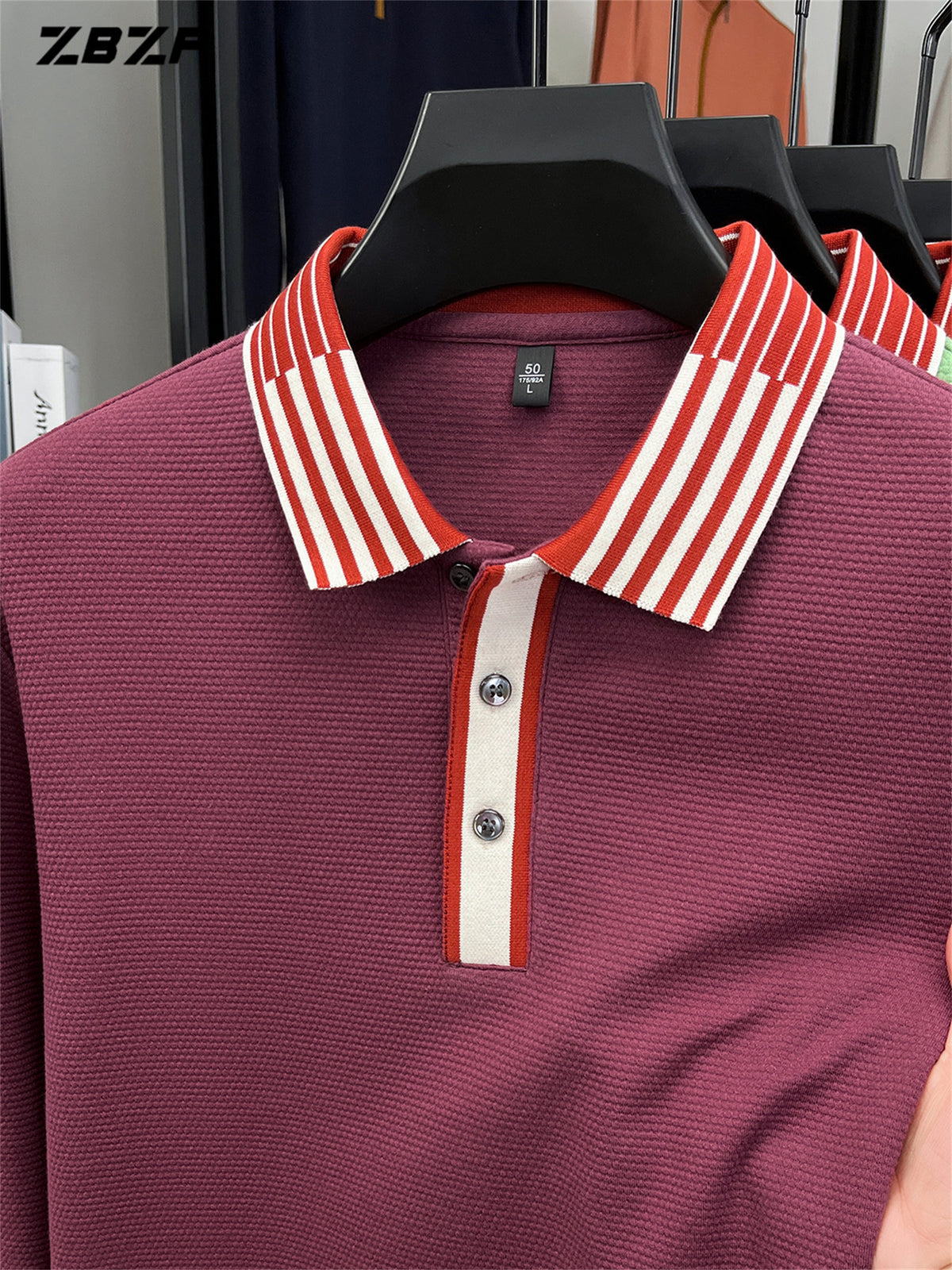 ZBZP New Spring, Autumn, Winter Men's Long Sleeve Polo Shirt, Lapel Pullover, Simple Business Casual High-End Breathable Long Sleeve T-Shirt, Men's Apparel DR - Rose Red
