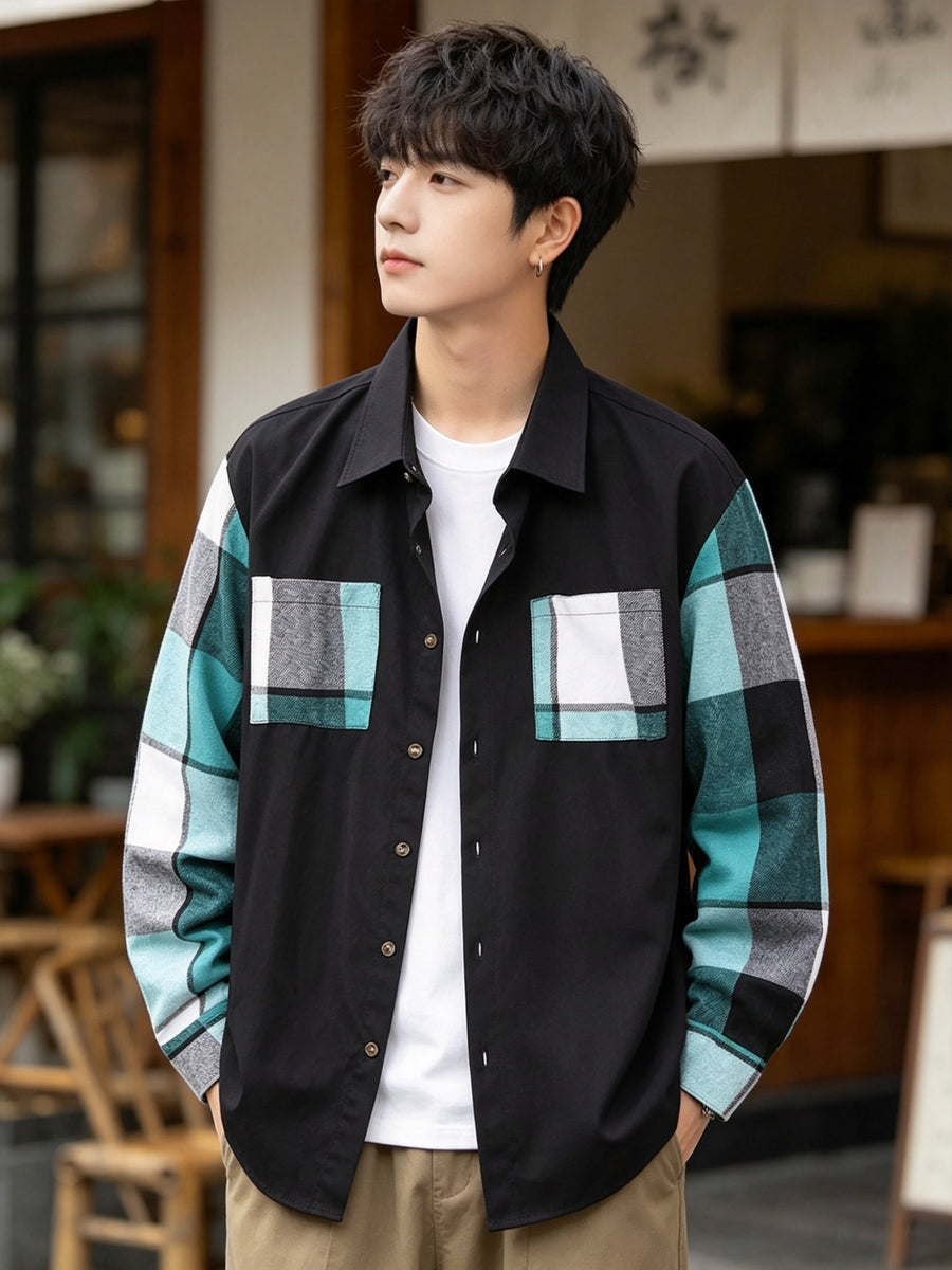 Men'S Spring And Autumn Black Casual Button-Up Shirt, Checkered Splicing Sleeves with 2 Pockets, Flannel Splicing Color-Contrasting Long Sleeve Top, Breathable Lightweight Autumn Coat S-XXXL, Halloween Gift for Boyfriend Father - Blue And Black Plaid