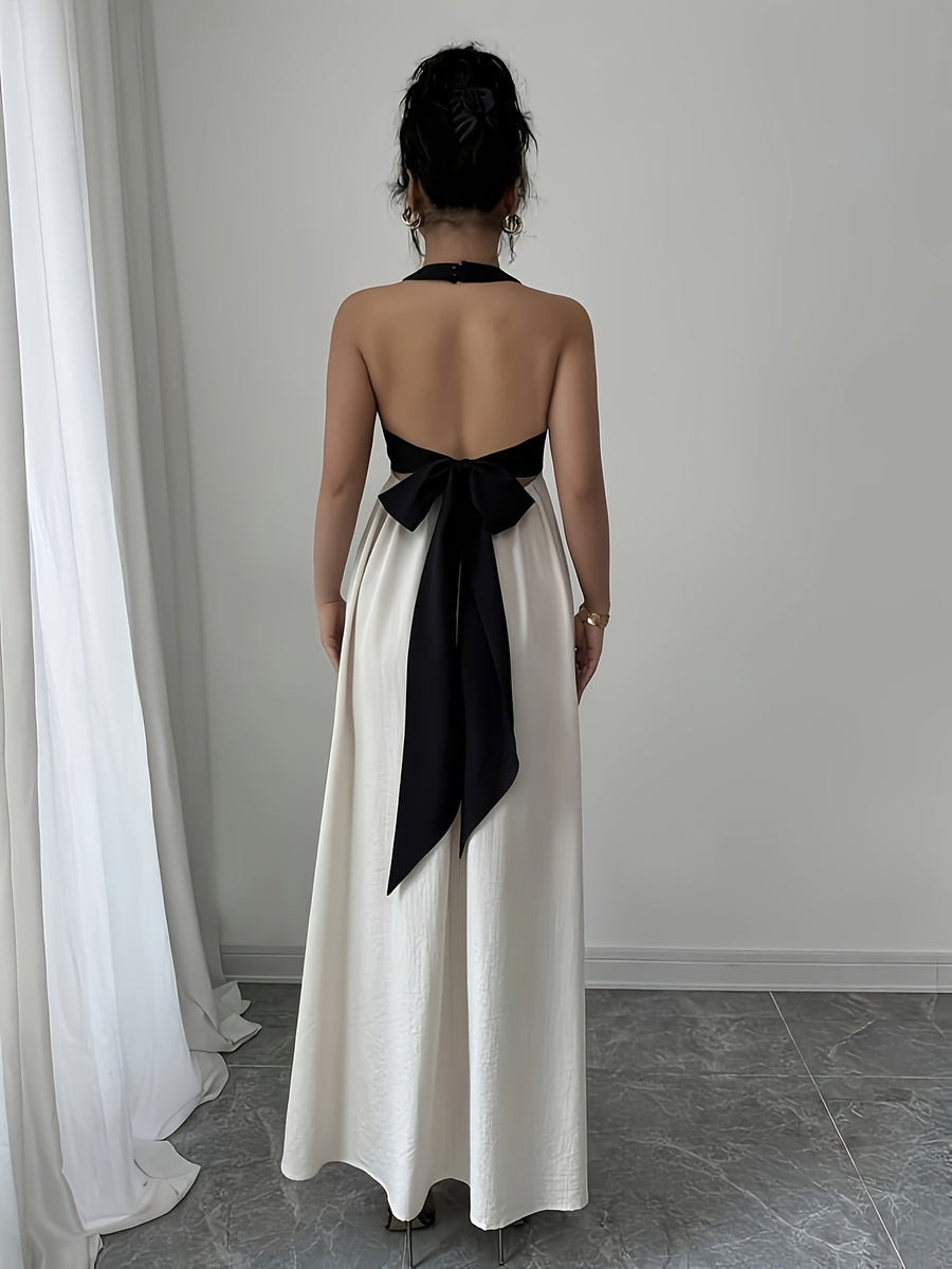 Elegant Backless Strapless Sleeveless Maxi Dress with Black and Apricot Color Blocks, for Casual Beach Vacations - Beige