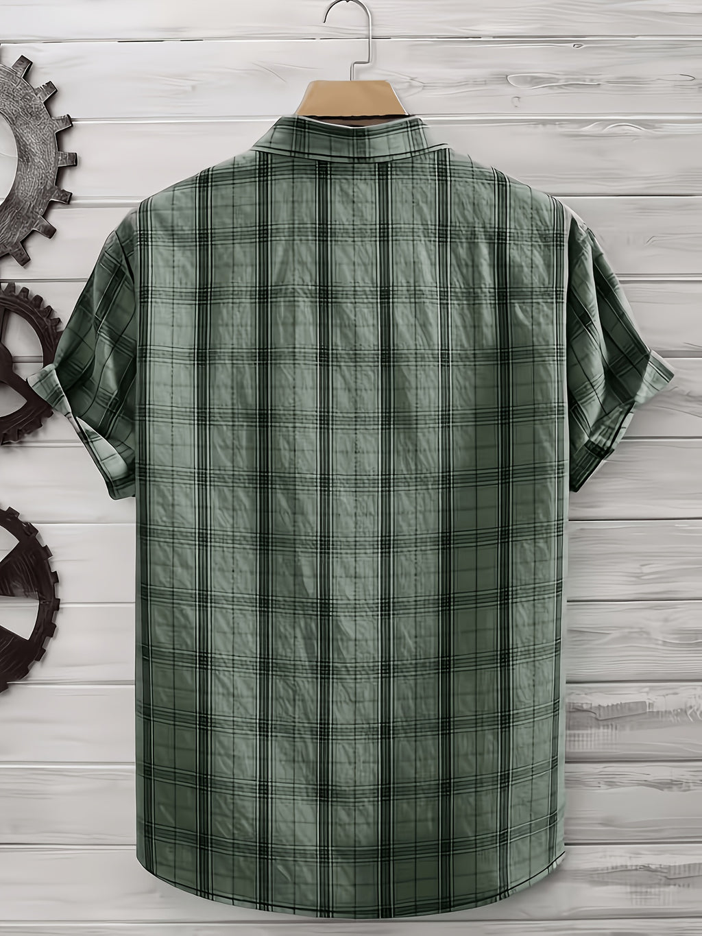 Men's Summer Casual Texture Checkered Short Sleeve Loose Fit Outdoor Trendy Fashion Front Closure Flap Collar Shirt - Olive Green