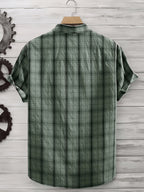 Men's Summer Casual Texture Checkered Short Sleeve Loose Fit Outdoor Trendy Fashion Front Closure Flap Collar Shirt - Olive Green