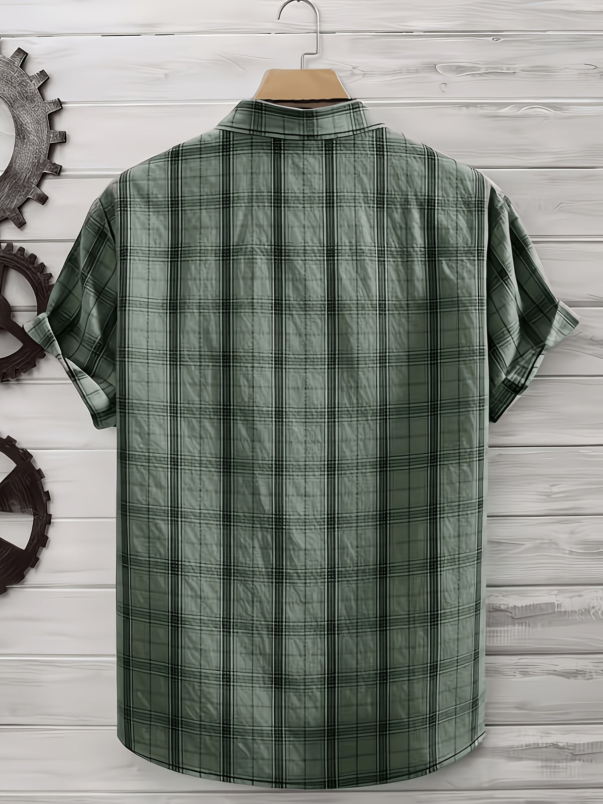 Men's Summer Casual Texture Checkered Short Sleeve Loose Fit Outdoor Trendy Fashion Front Closure Flap Collar Shirt - Olive Green