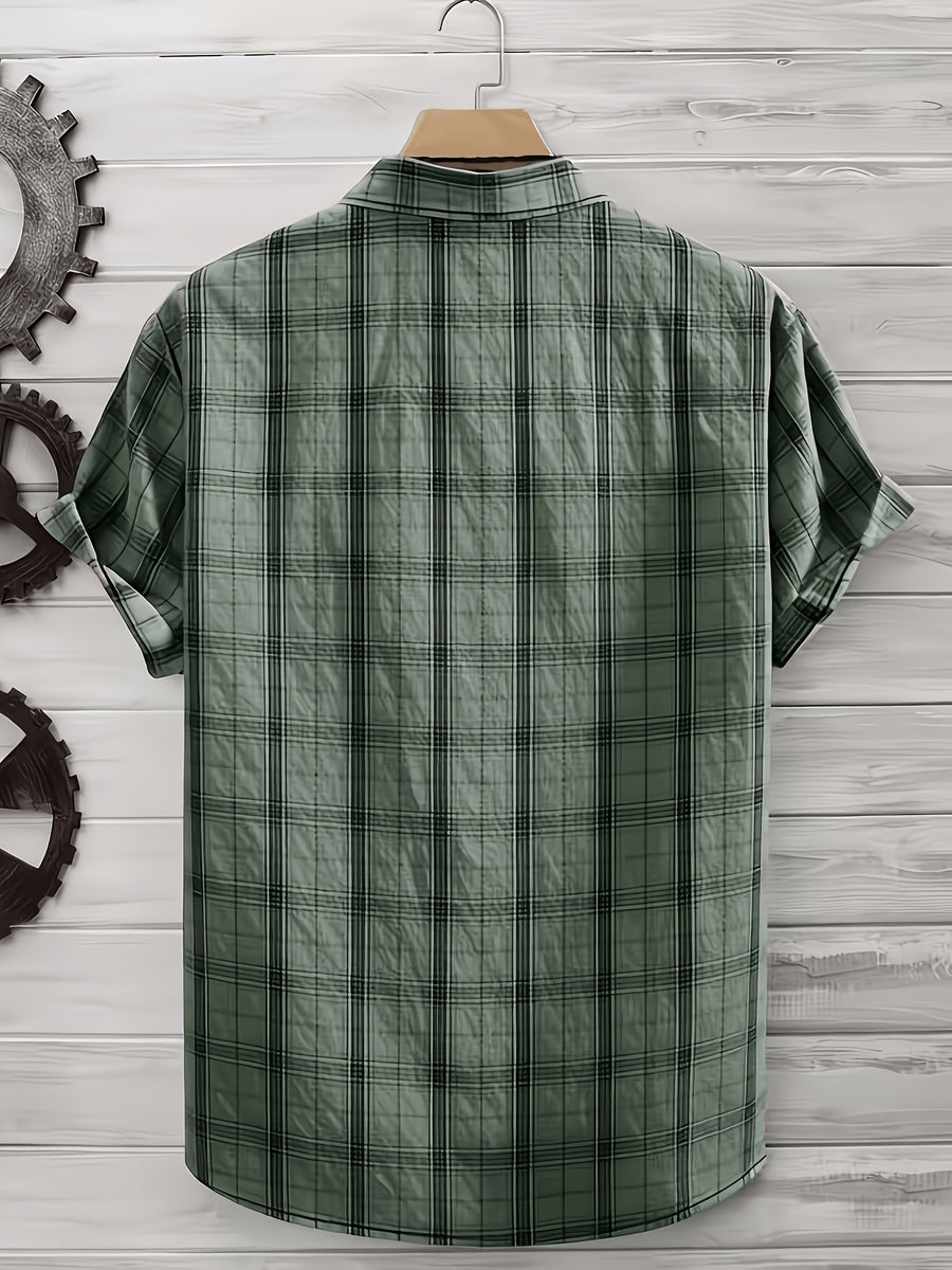 Men's Summer Casual Texture Checkered Short Sleeve Loose Fit Outdoor Trendy Fashion Front Closure Flap Collar Shirt - Olive Green