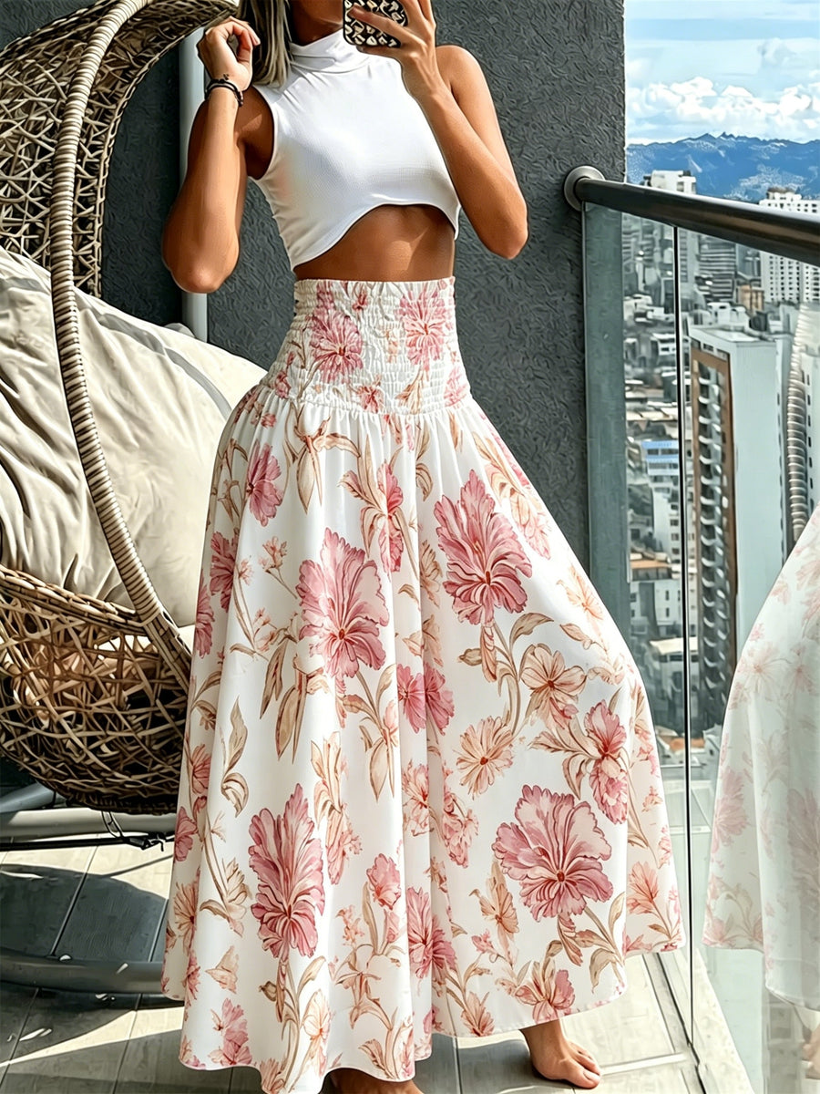 Women'S Floral Print Wide-Leg Pants High-Waist Ruched Waist Bohemian Style Long Trousers Flowy Vacation Pants - Multicolor 4