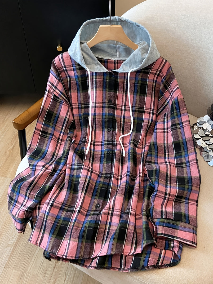 Plus Size, Spring Women's New Arrival Clothing, Autumn Women's Fashion Casual Wear, Plaid Hooded Long-Sleeve Shirt, Plus Size Women's Shirt, Oversized Top, Autumn Hooded Cardigan, Fashion Plaid Shirt, Korean Style Women's Clothing, Women's Winter - Dark Pink