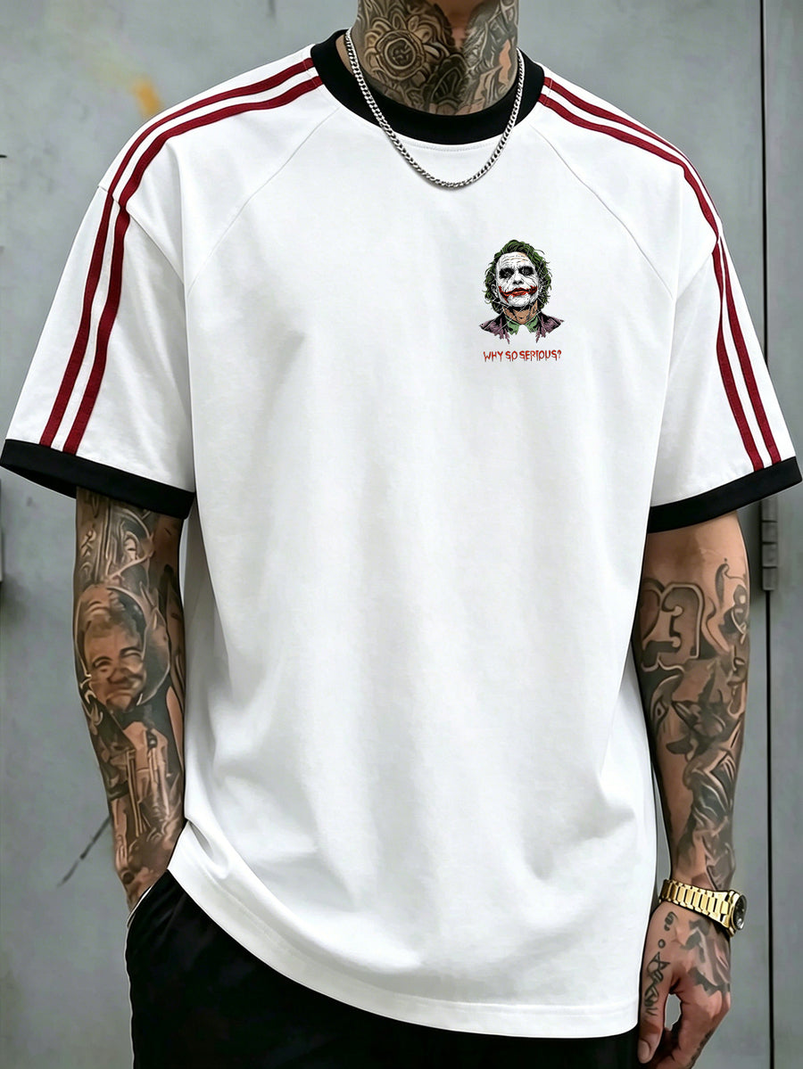 Warner Bros Official American Dark Style Drop-Shoulder Pure T-Shirt, Exquisite Hand-Painted Texture Green-Haired Joker Street Vibe Loose Fit Top, Double-Sided Front and Back Print, Men's 100% Pure Versatile Sporty Casual Style Summer Short-Sleeve - White