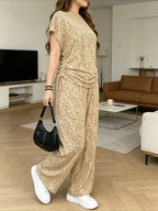 Leopard Print Casual Long Pants Set with Side Drawstring Pleated Home Wear, Can Be Worn Alone - Leopard B