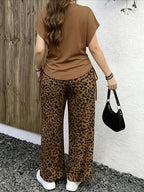 Leopard Print Casual Long Pants Set with Side Drawstring Pleated Home Wear, Can Be Worn Alone - leopard print D