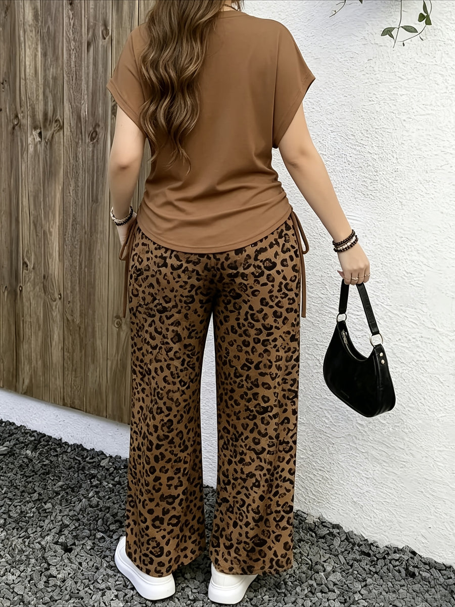 Leopard Print Casual Long Pants Set with Side Drawstring Pleated Home Wear, Can Be Worn Alone - leopard print D