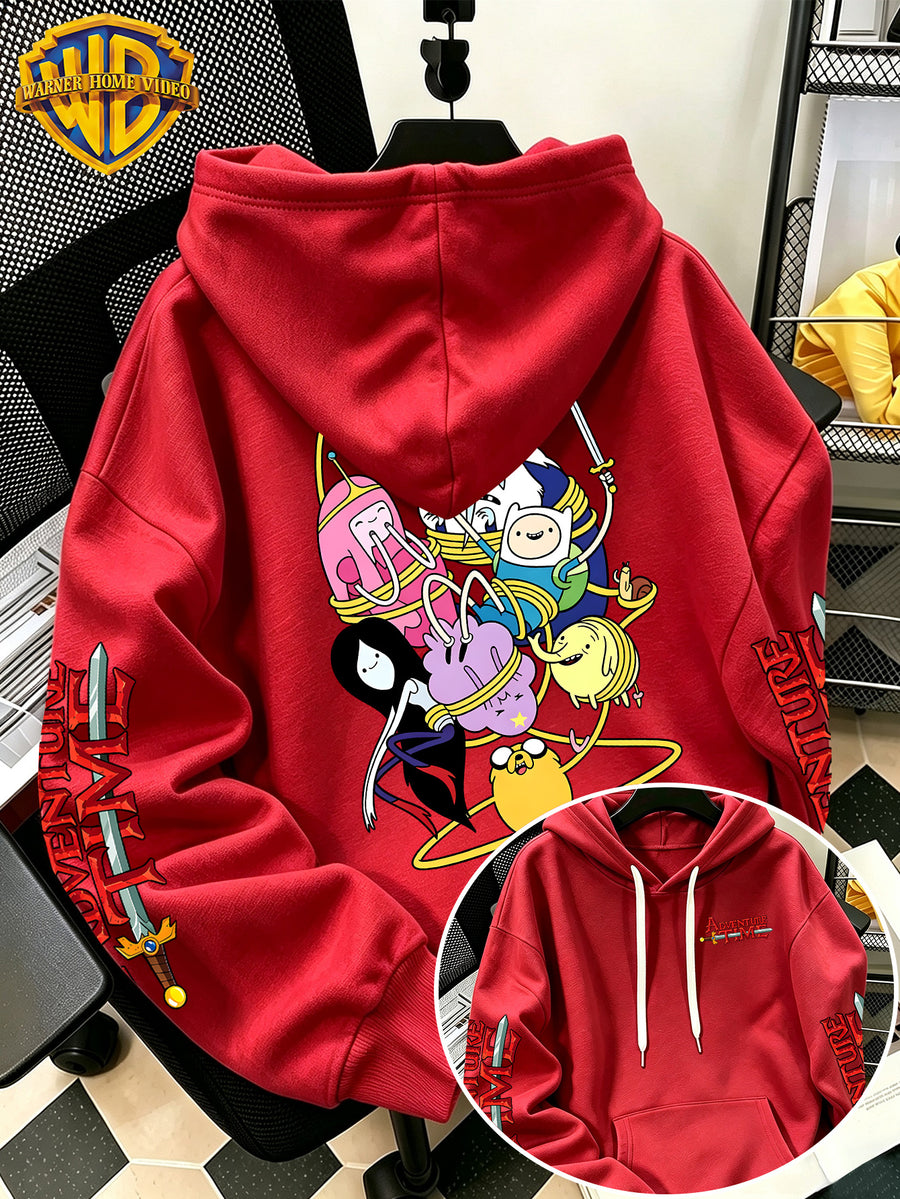 Adventure Time Full Character Wrap Group Cartoon Pattern Print Hooded Sweatshirt - Men'S Casual All-Match Pullover, Comfortable Autumn/Winter Wear, for Sports, Outdoors, Picnics, Travel, Daily/Commute/Home Choice - Red