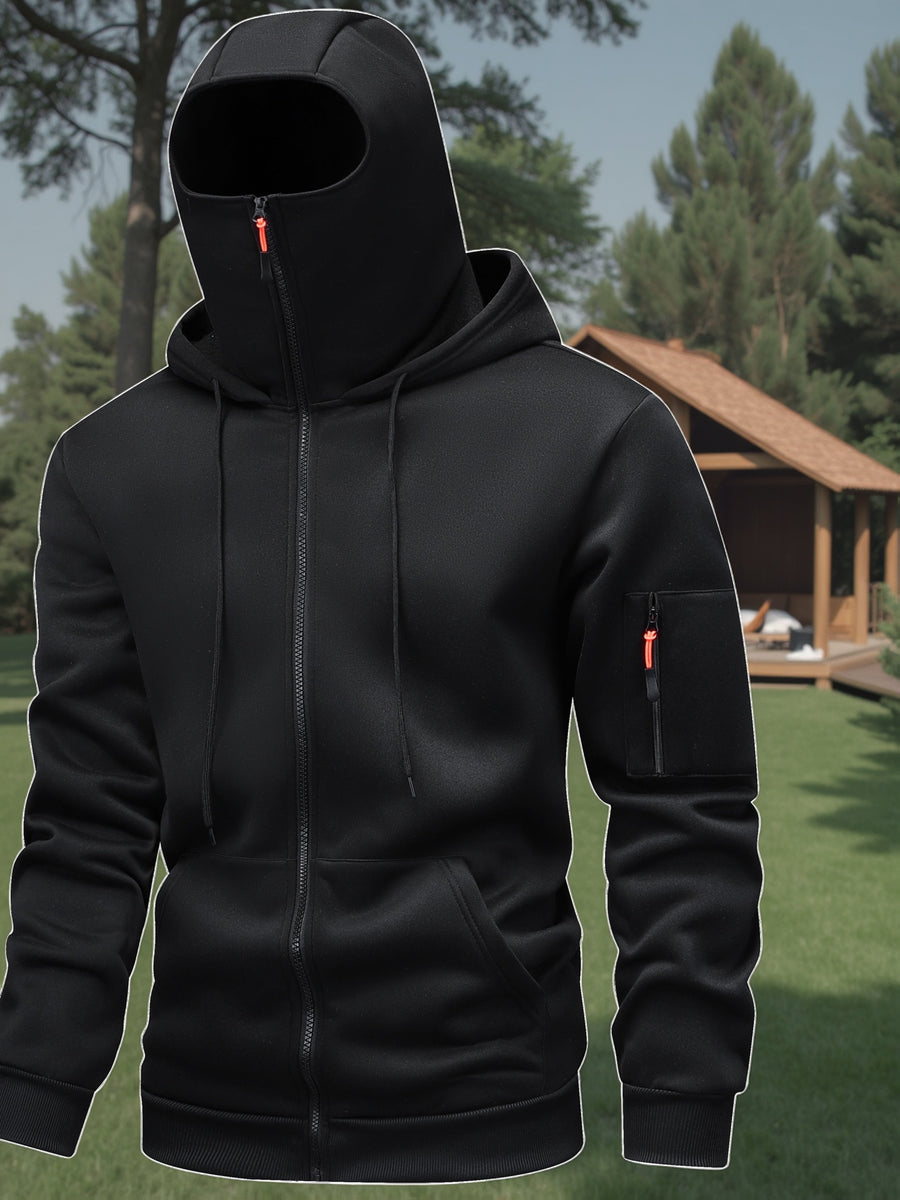 Men's New Full-Zip Protective Suit with Mask, Face Cover, and Face Protection Design. Zip-Up Hooded Protective Jacket for Cycling, Outdoor Climbing, Skiing, and Casual Wear - Black