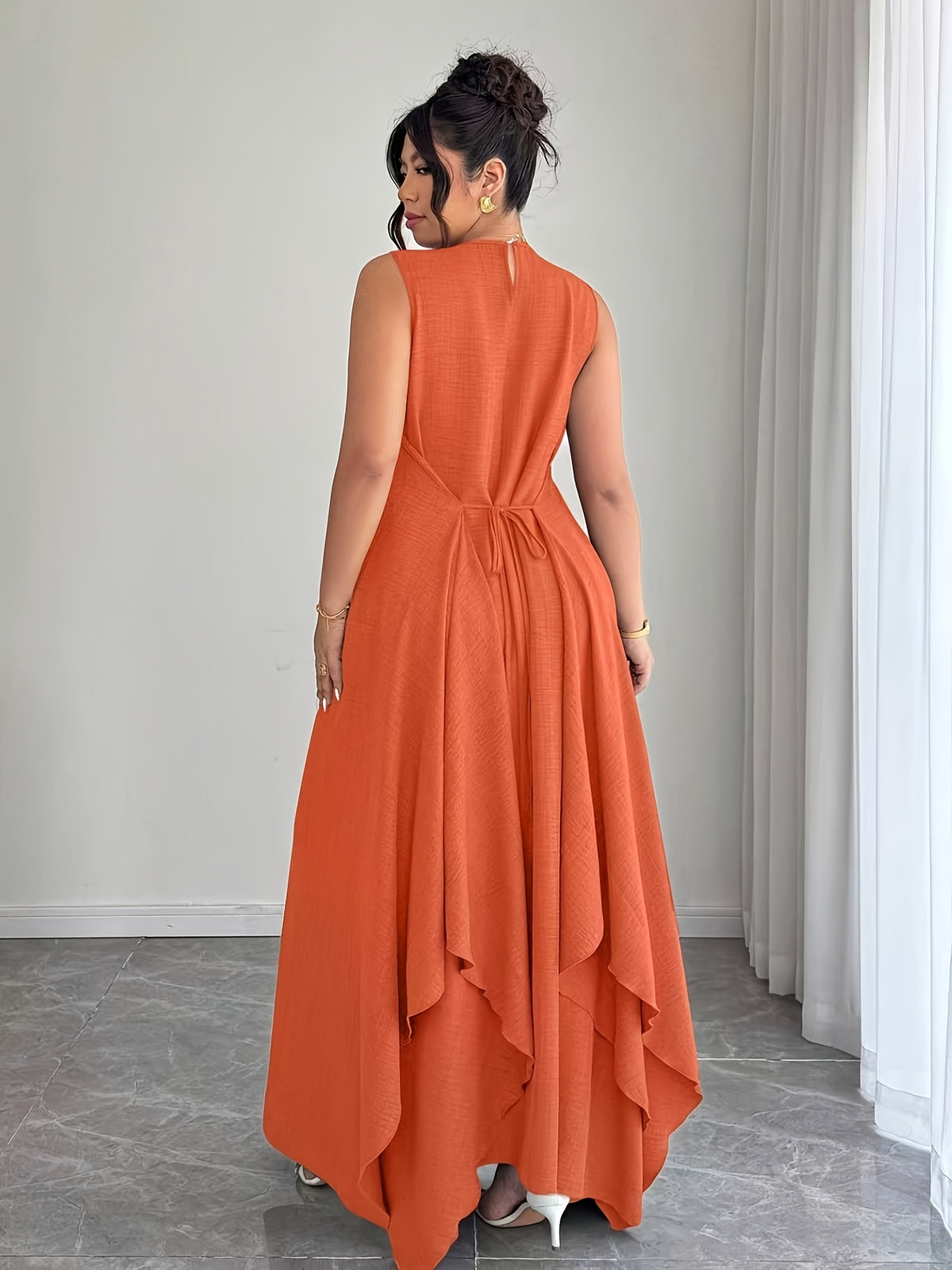 Women'S Elegant Vacation Casual Daily Outerwear Tie-Belt A-Line Asymmetrical Hem Dress - Orange-Red