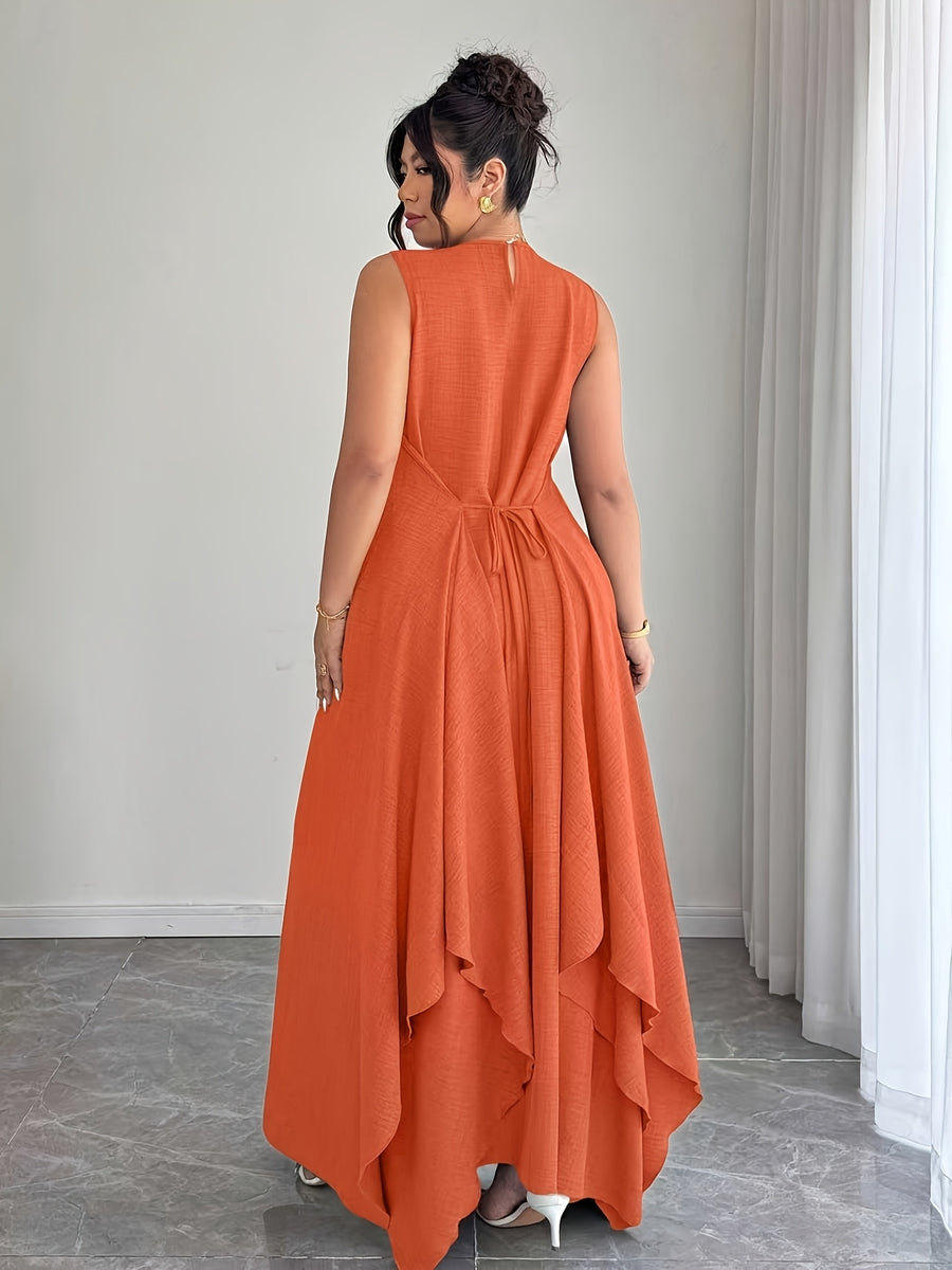 Women'S Elegant Vacation Casual Daily Outerwear Tie-Belt A-Line Asymmetrical Hem Dress - Orange-Red