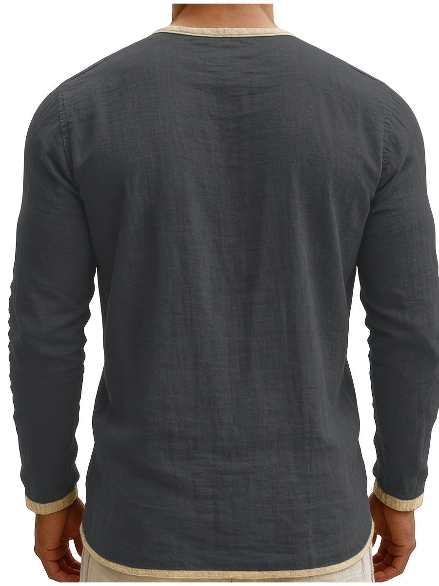 Men'S Retro Color Block Casual Henley Crewneck T-Shirt in Linen, Vintage T-Shirt for Men - Dark Gray