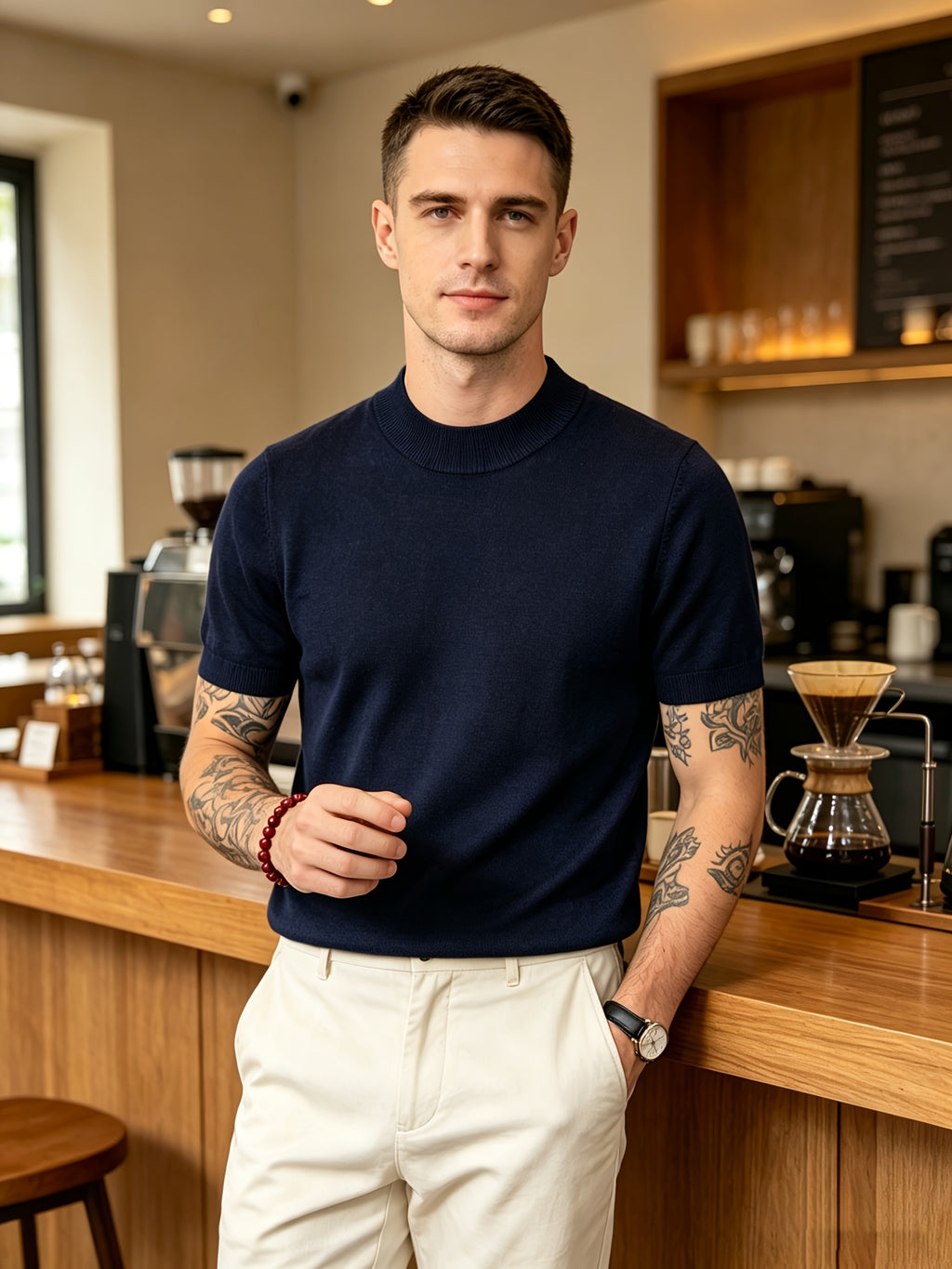Men's Minimalist Urban Style Half-Turtleneck Short-Sleeve Knit Sweater with Fine Texture, Breathable for Spring/Summer Daily Wear - Navy Color