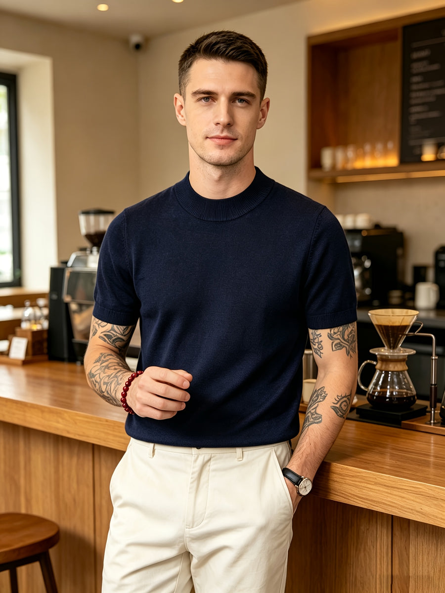 Men's Minimalist Urban Style Half-Turtleneck Short-Sleeve Knit Sweater with Fine Texture, Breathable for Spring/Summer Daily Wear - Navy Color