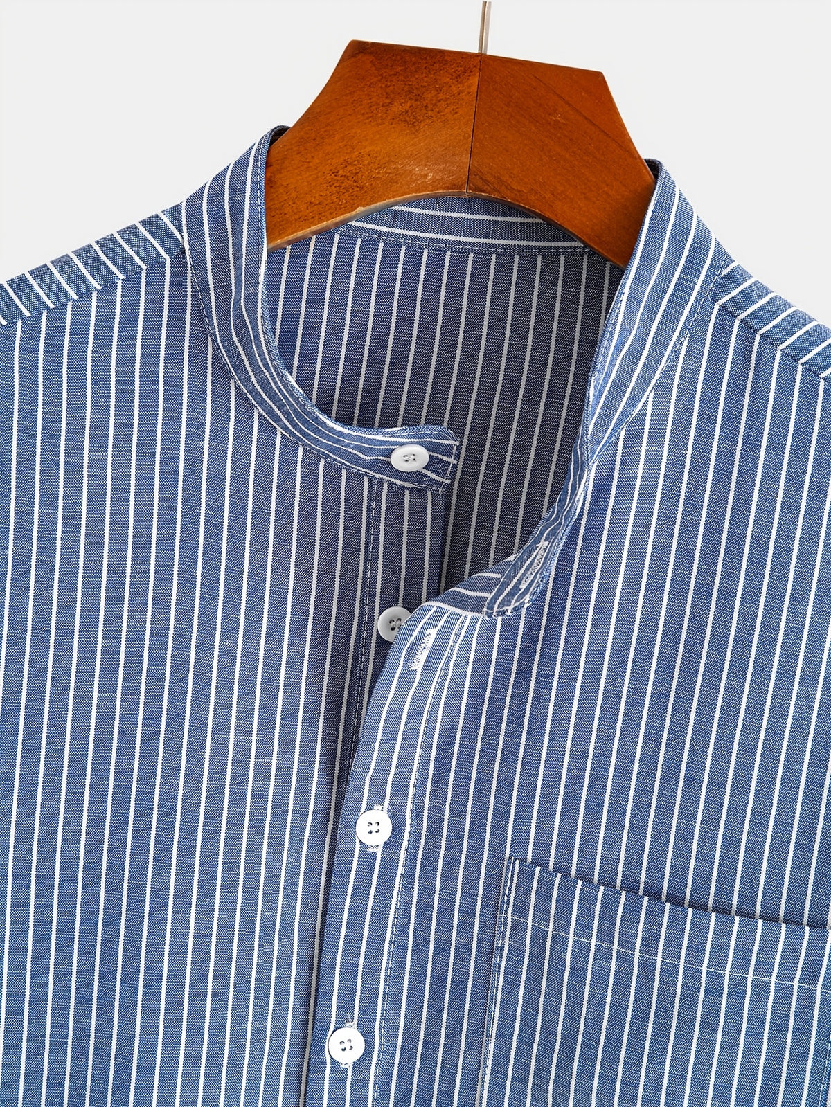 Men's Spring/Summer Button- Shirt Striped Stand Collar with Chest Pocket Contrast-Striped Casual Versatile Shirt Half-Open Collar Shirt - Navy Color