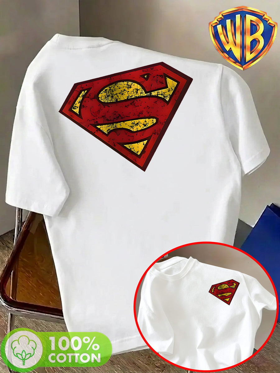 Unisex Summer Loose Round Neck Short Sleeve T-Shirt, Suitable for Daily Commute, Street Outings, City Travel, Friend Gatherings, And Casual Wear, Large Area Distressed Cracked Superman Classic S Logo Artistic Print on Back - White