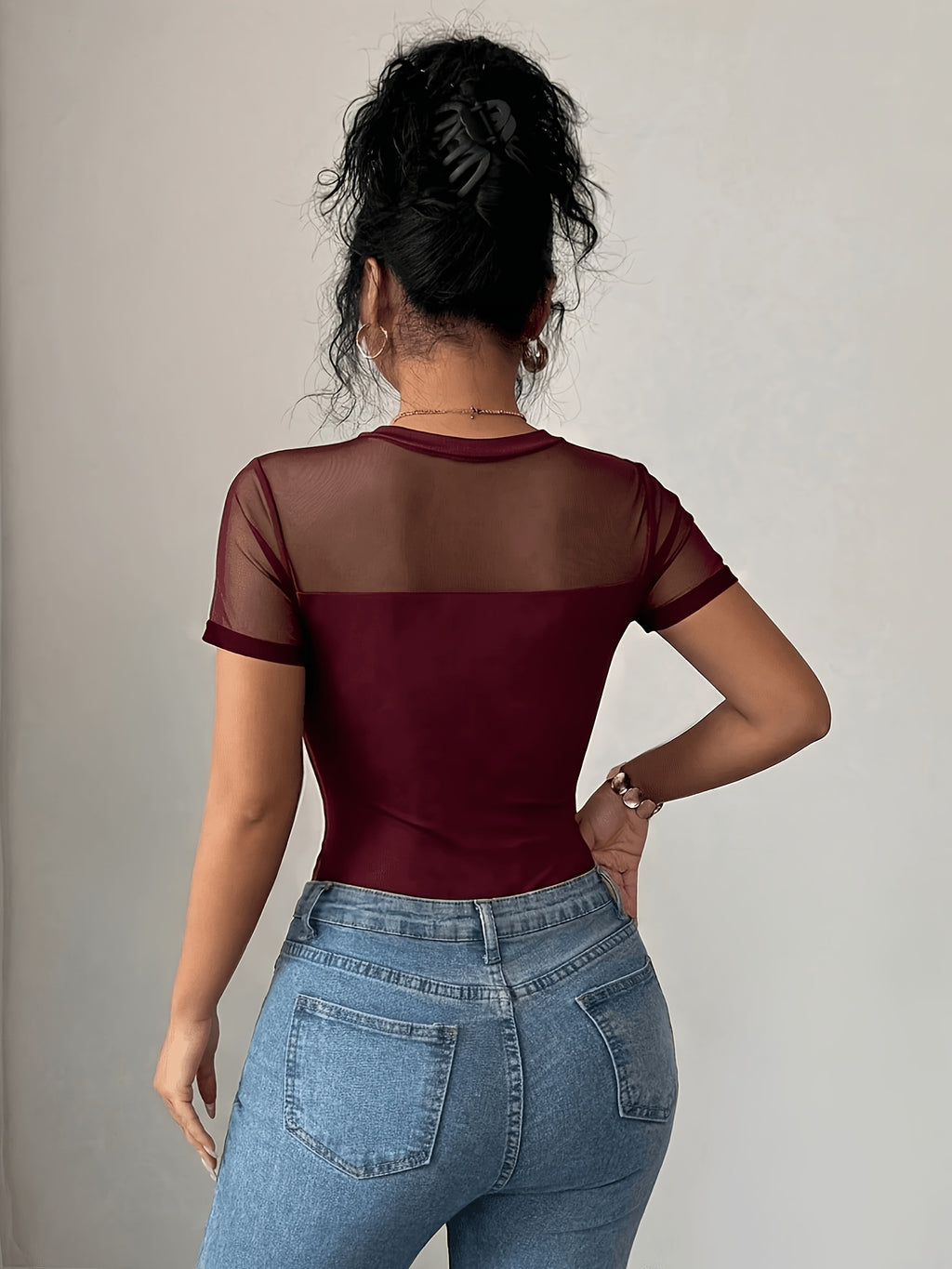 Sexy Mesh Cutout Fitted Short Sleeve Bodysuit, Women'S Casual Street Style - Burgundy
