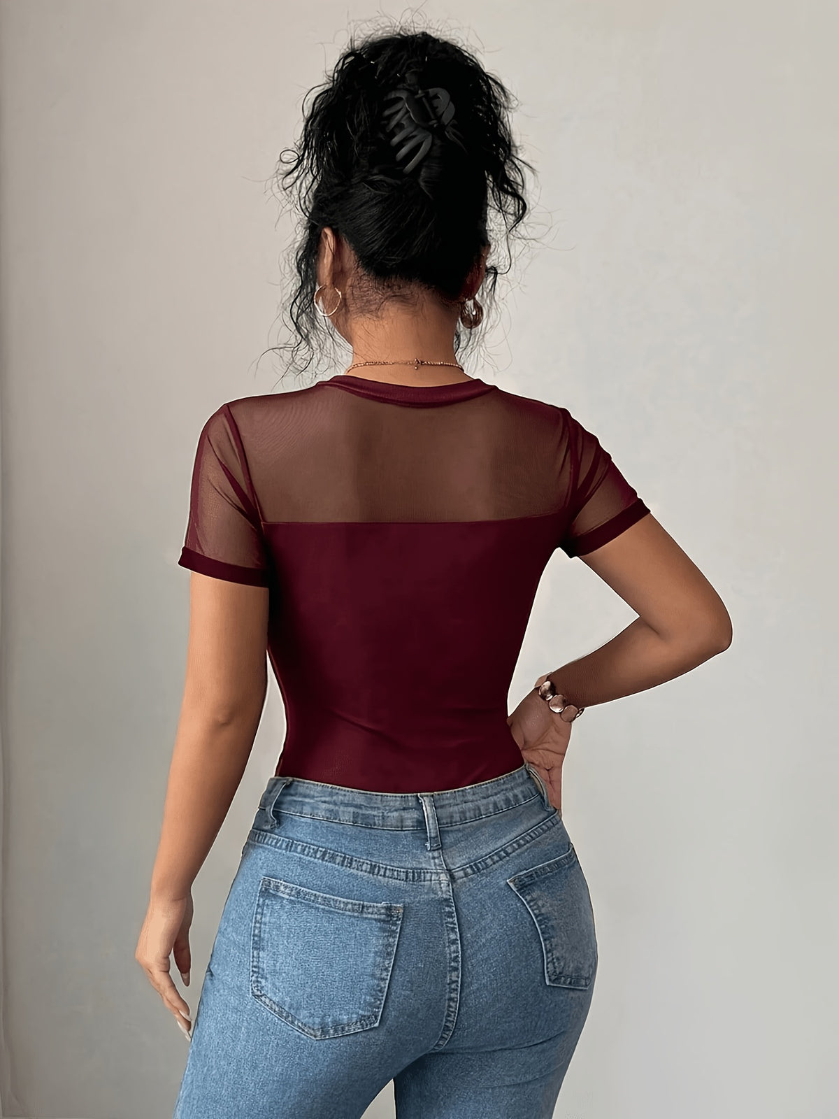 Sexy Mesh Cutout Fitted Short Sleeve Bodysuit, Women'S Casual Street Style - Burgundy