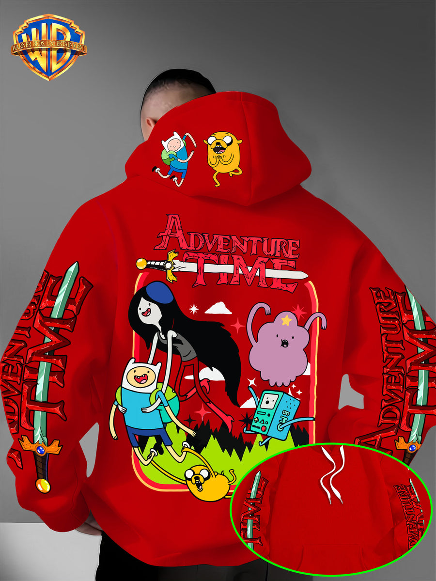 Warner Bros. Adventure Time Large Back Print, Hooded Sweatshirt with Hat Design Pattern, Multifunctional Street Style Men's Hoodie, Comfortable and Casual, Suitable for Autumn and Winter Wear - Red