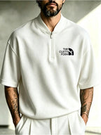 Men's Henley Shirt Short Sleeve Quarter-Zip Waffle Knit T-Shirt with Stand Collar & Logo Chest Print - Loose Fit Zippered Panel Suitable for Indoor Casual Wear, Machine Washable, Spring/Autumn Layering, Multiple Colors/Sizes Available - White