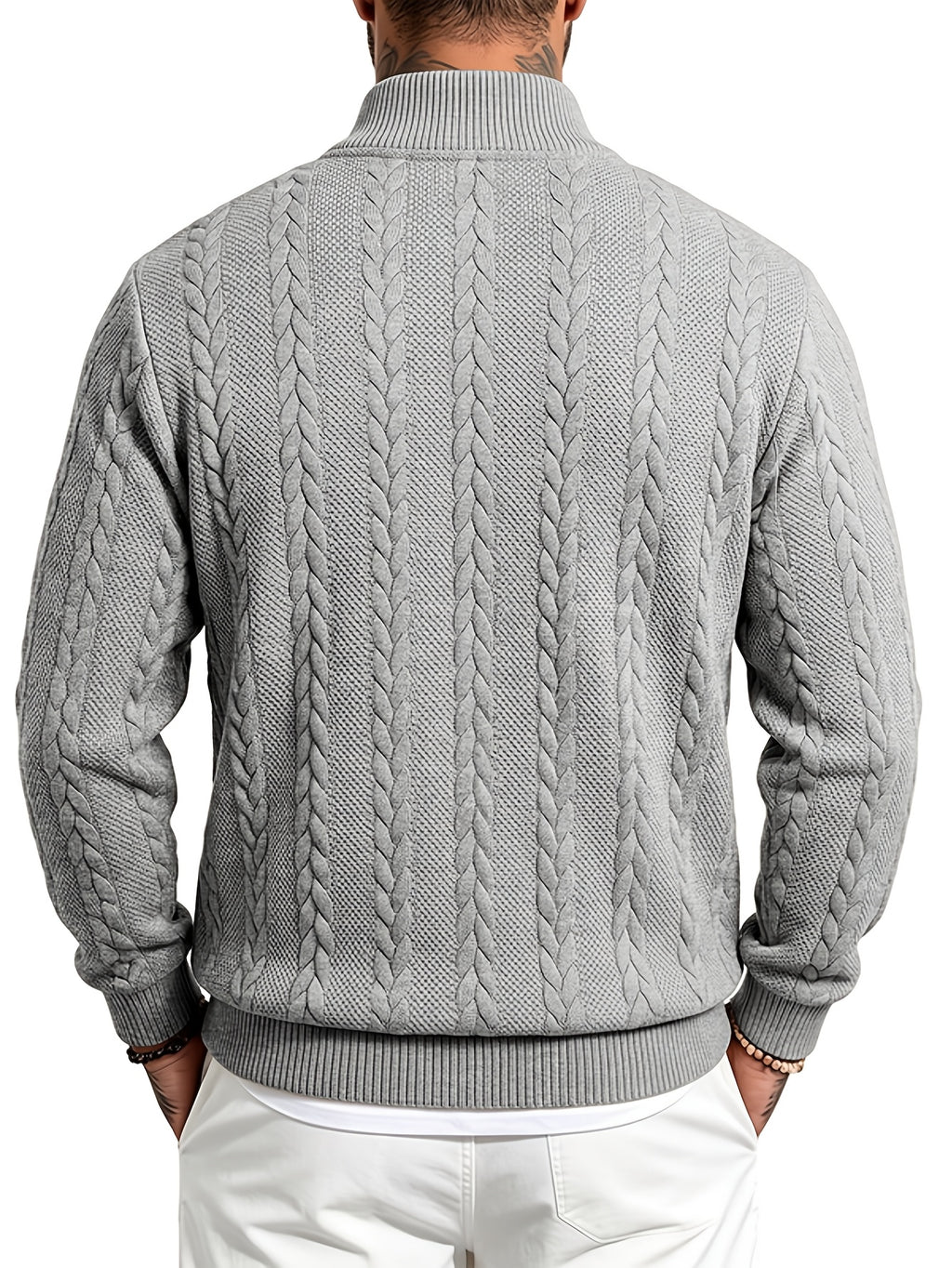 Whale Crossing OBM Men's Spring, Autumn, Winter Classic Fashion Italian Milanese Label Knitted Cable Knit Stand Collar Sweatshirt - Grey