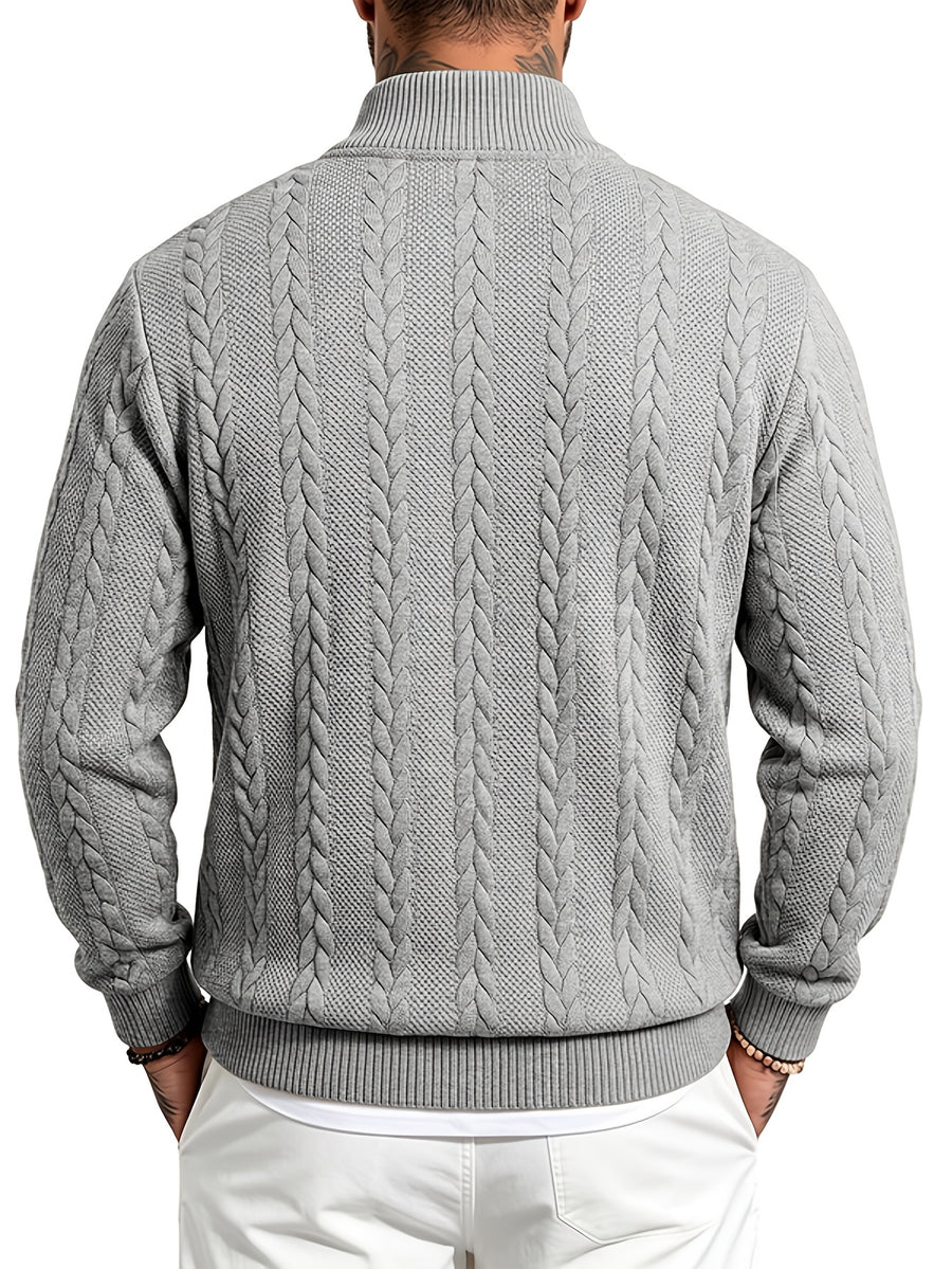 Whale Crossing OBM Men's Spring, Autumn, Winter Classic Fashion Italian Milanese Label Knitted Cable Knit Stand Collar Sweatshirt - Grey