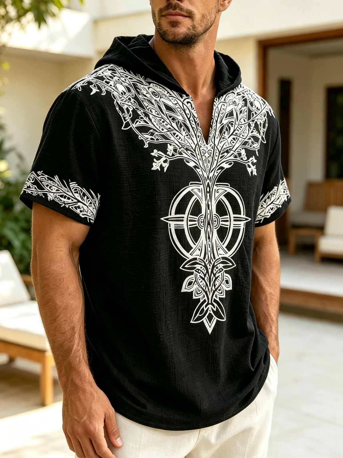 26 Styles Summer Men'S Loose Faith Rune Print Hooded Hip-Hop Trendy Short Sleeve, Casual Commute, Outing Shopping - Black