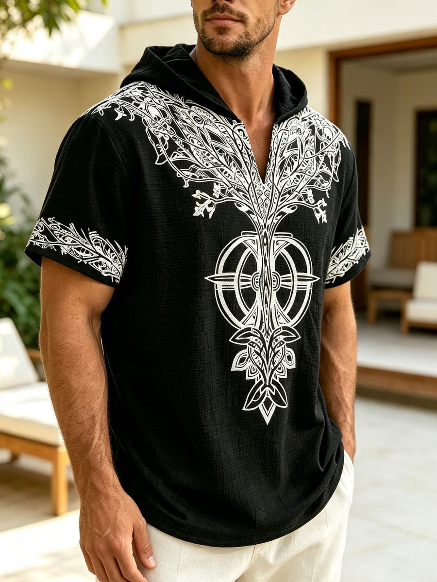 26 Styles Summer Men'S Loose Faith Rune Print Hooded Hip-Hop Trendy Short Sleeve, Casual Commute, Outing Shopping - Black