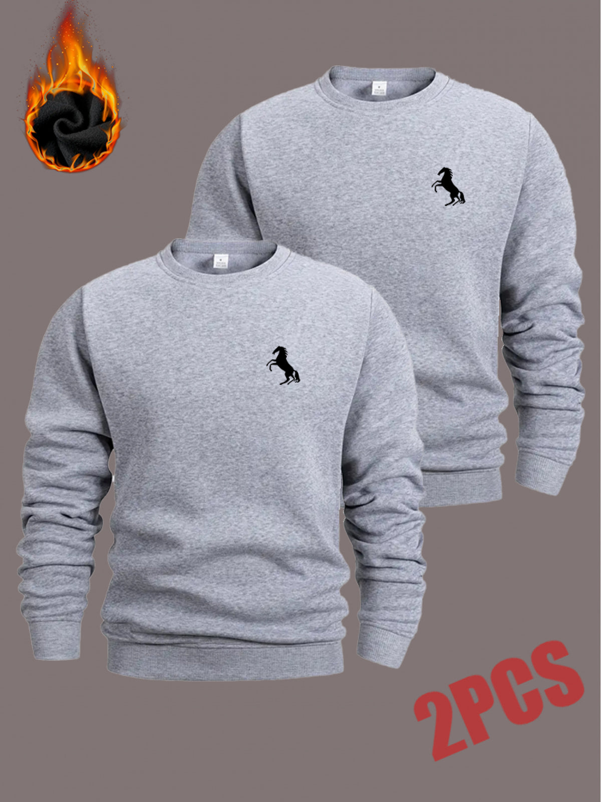 Men'S Crew Neck Sweatshirt 2-Pc, Fleece-Lined And Thickened Sweatshirt, Men'S Casual And Fashionable Top, Can Be Worn Inside Or Outside, Stylish Small Horse Logo Pattern - Light Grey