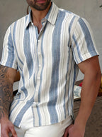 2pcs Men'S Contrasting Checkered Patchwork Short-Sleeved Shirt, Business Casual Lapel Cardigan Top - Blue+Light White