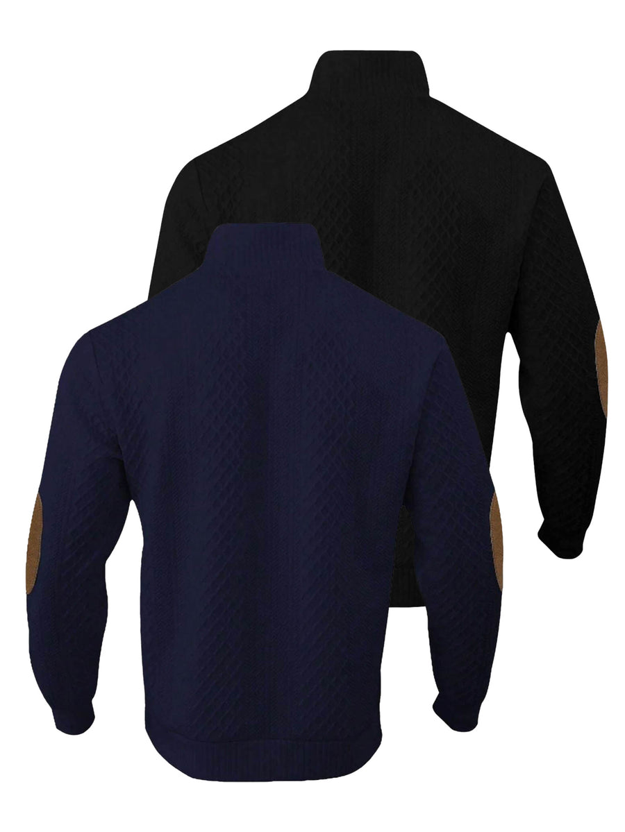 2pcs Men's Stand Collar Jacquard Knit Henley Shirts, Mature Vintage High Neck Pullover Polo, Random Texture Color-Block Collar Jacquard Patchwork Design, Suitable for Outdoor Casual Sports Wear, Ideal as Men's Birthday Gift, Outdoor Clothing - Black+Navy Blue